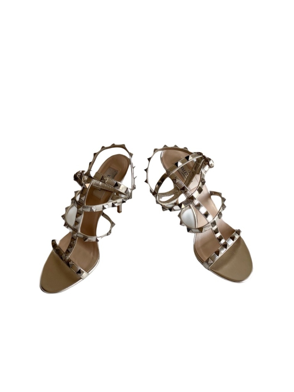Valentino Gold Rockstud 105 Sandals Size 37 Rose Metallic Strappy Stiletto Heels - Picture 10 of 17
